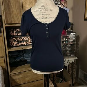 Navy Snap Front Scoop Neck T-Shirt - Large